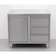HCB 100 cm work cabinet - work table with waste bin and 3 drawers Stainless steel