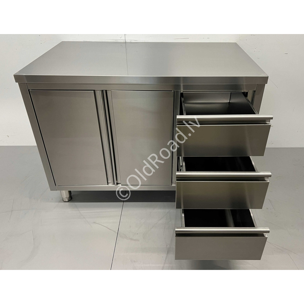 HCB 120cm work cabinet - work table, 2 folding doors and 3 drawers, Stainless steel