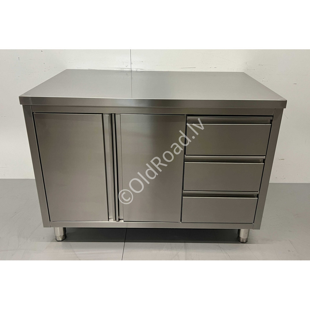 HCB 120cm work cabinet - work table, 2 folding doors and 3 drawers, Stainless steel