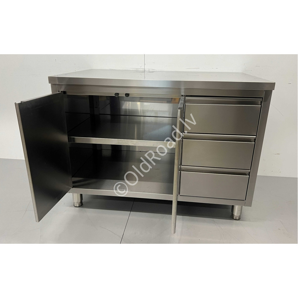 HCB 120cm work cabinet - work table, 2 folding doors and 3 drawers, Stainless steel