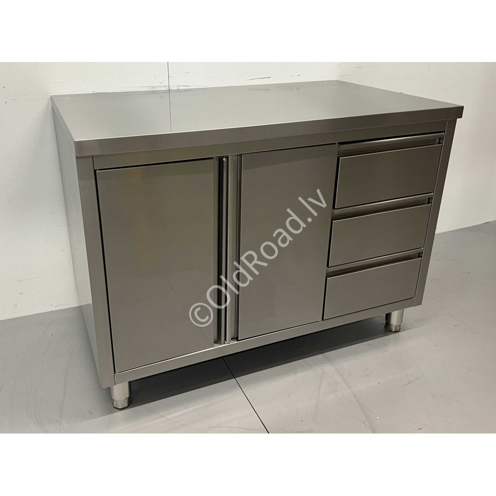 HCB 120cm work cabinet - work table, 2 folding doors and 3 drawers, Stainless steel