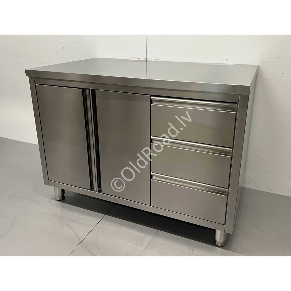 HCB 120cm work cabinet - work table, 2 folding doors and 3 drawers, Stainless steel